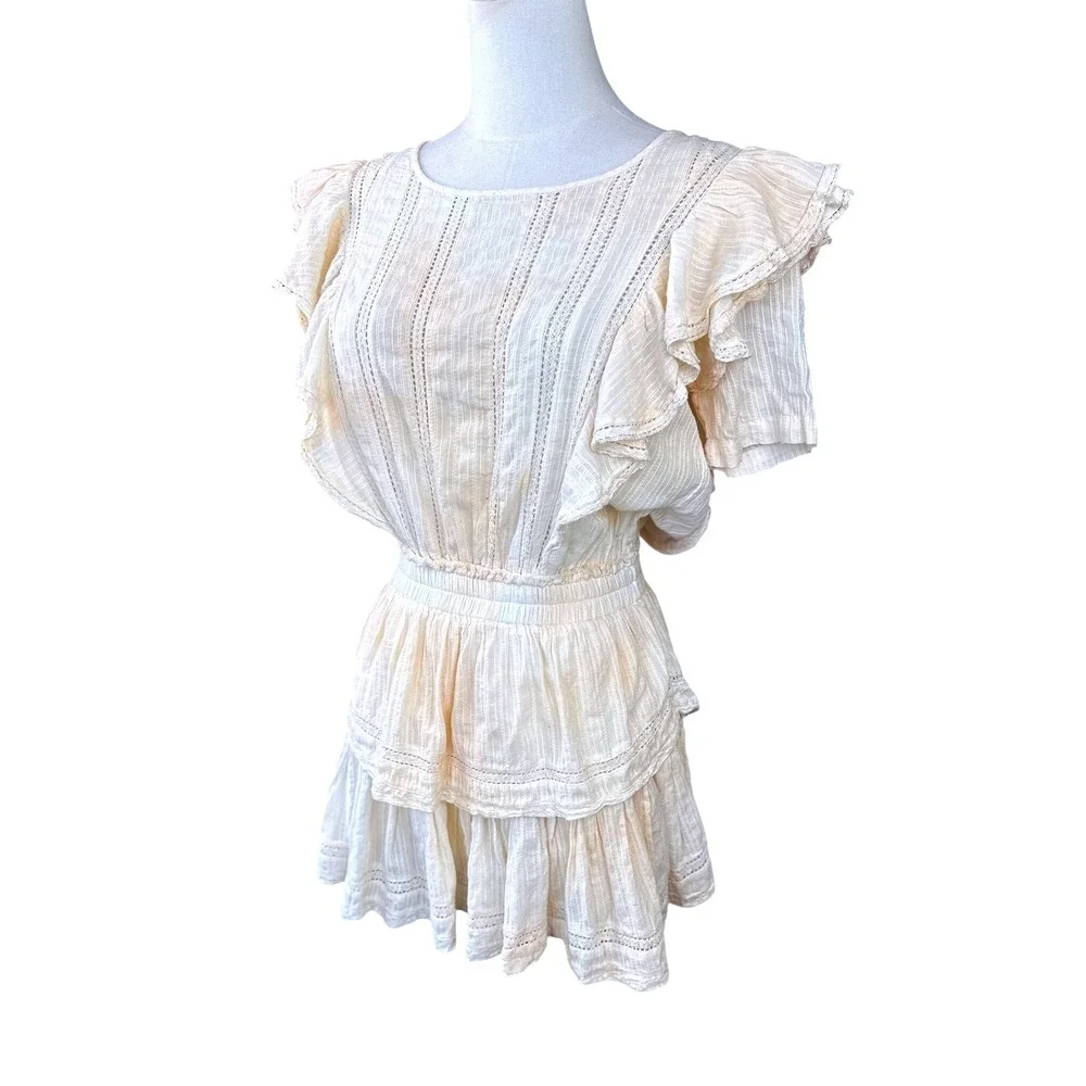 LoveShackFancy SZ SM Natasha Lace Ruffle‎ Mini Dress Cream Ivory Smocked Waist - Picture 6 of 15